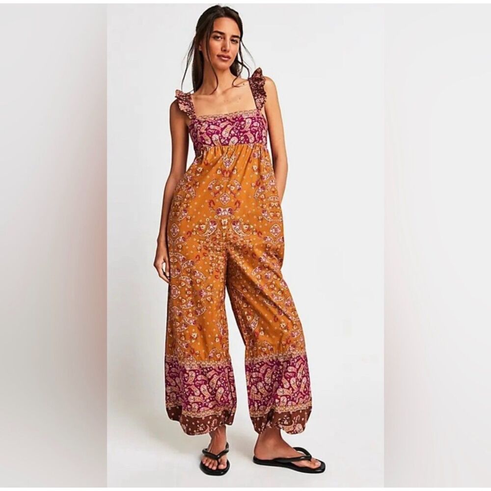 Free People Bali Albright Boho Paisley Jumpsuit In Gold Combo M